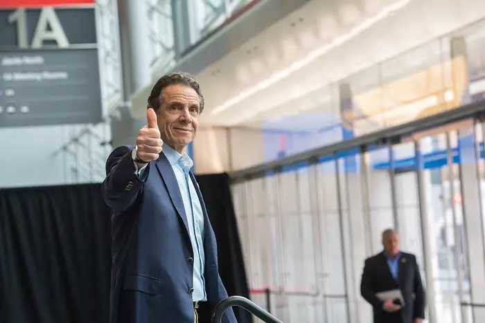 Governor Andrew Cuomo gives a thumbs up at the Javits Center on March 30 after delivering a coronavirus briefing.